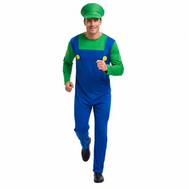 Homme souriant portant un déguisement de plombier vert et bleu composé d'une combinaison et d'une casquette | jourdefete.com Homme souriant portant un déguisement de plombier vert et bleu composé d'une combinaison et d'une casquette | jourdefete.com