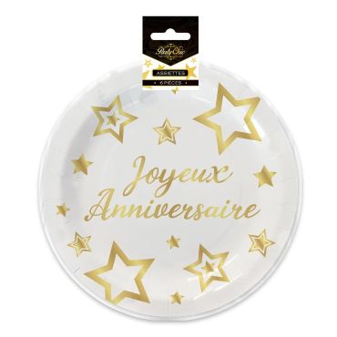 Assiettes Joyeux Anniversaire dorées en carton avec étoiles, pack de 6 pièces | jourdefete.com Assiettes Joyeux Anniversaire dorées en carton avec étoiles, pack de 6 pièces | jourdefete.com