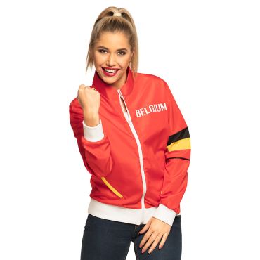 Jeune femme souriante portant la veste de survêtement rouge Belgique zippée pour fête et événement sportif | jourdefete.com Jeune femme souriante portant la veste de survêtement rouge Belgique zippée pour fête et événement sportif | jourdefete.com