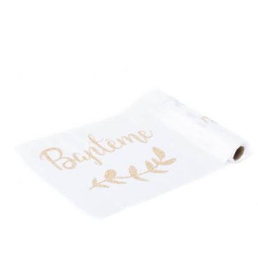 Chemin de Table « Baptême » en Organza – Blanc et Paillettes Dorées