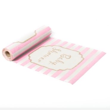 Chemin de Table Baby Shower en Lin Rayé - Rose, Blanc et Or Chemin de Table Baby Shower en Lin Rayé - Rose, Blanc et Or
