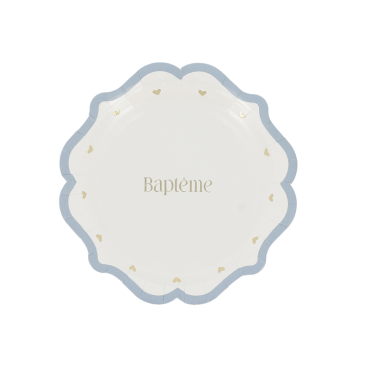 Assiettes en carton "Baptême" bleu orage, blanc et or avec cœurs dorés | jourdefete.com Assiettes en carton "Baptême" bleu orage, blanc et or avec cœurs dorés | jourdefete.com