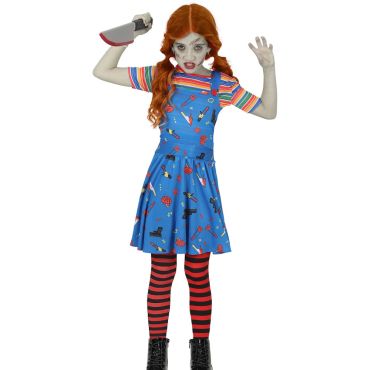 Enfant portant le déguisement de poupée tueuse rousse pour Halloween avec un faux couteau | jourdefete.com Enfant portant le déguisement de poupée tueuse rousse pour Halloween avec un faux couteau | jourdefete.com