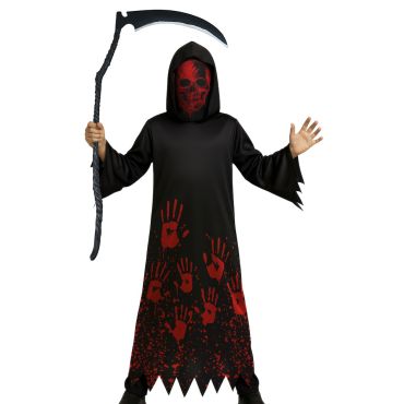 Déguisement Halloween de faucheur noir avec masque de squelette rouge et motifs de mains ensanglantées pour garçon | jourdefete.com Déguisement Halloween de faucheur noir avec masque de squelette rouge et motifs de mains ensanglantées pour garçon | jourdefete.com
