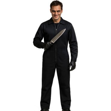 Homme souriant avec maquillage sombre portant une combinaison de travail noire pour Halloween | jourdefete.com Homme souriant avec maquillage sombre portant une combinaison de travail noire pour Halloween | jourdefete.com