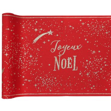 Chemin de table Joyeux Noël rouge avec étoiles filantes pailletées or 2,5m x 28cm | jourdefete.com Chemin de table Joyeux Noël rouge avec étoiles filantes pailletées or 2,5m x 28cm | jourdefete.com