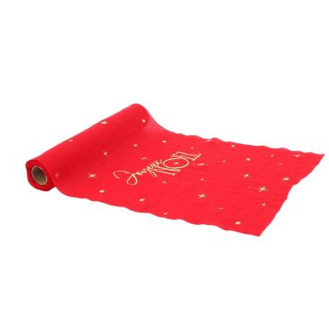 Chemin de table Joyeux Noël rouge en mousseline et motifs dorés | jourdefete.com