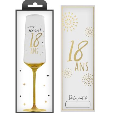 Flûte à champagne en verre décorée "18 ans" avec pied doré pour anniversaire | jourdefete.com Flûte à champagne en verre décorée "18 ans" avec pied doré pour anniversaire | jourdefete.com
