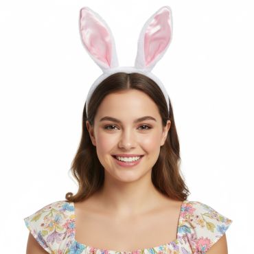 Serre-tête lapin avec oreilles blanches et roses porté par une femme souriante | jourdefete.com Serre-tête lapin avec oreilles blanches et roses porté par une femme souriante | jourdefete.com