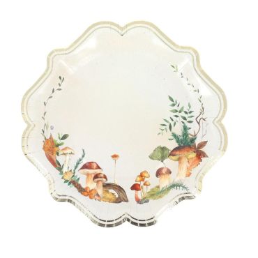 Assiettes en carton décorées de champignons et feuilles d'automne avec liseré doré | jourdefete.com