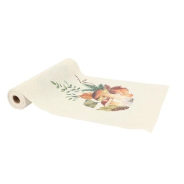 Chemin de table beige effet lin avec motifs champignons et feuilles d’automne | jourdefete.com Chemin de table beige effet lin avec motifs champignons et feuilles d’automne | jourdefete.com