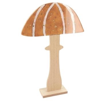 Champignon décoratif en bois laqué orange et blanc avec paillettes dorées sur socle | jourdefete.com Champignon décoratif en bois laqué orange et blanc avec paillettes dorées sur socle | jourdefete.com