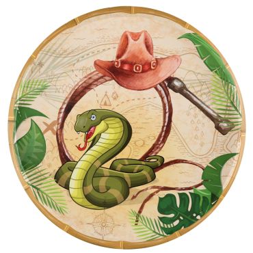 Assiettes en carton Aventure Party avec chapeau, fouet et serpent sur fond jungle | jourdefete.com Assiettes en carton Aventure Party avec chapeau, fouet et serpent sur fond jungle | jourdefete.com