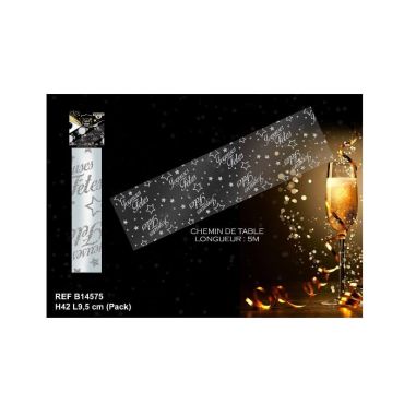 Chemin de Table Etoilé "Joyeuses Fêtes" - Argent Chemin de Table Etoilé "Joyeuses Fêtes" - Argent