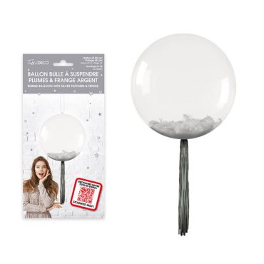 Ballon bulle transparent avec plumes et franges à suspendre couleur argentée Ballon bulle transparent avec plumes et franges à suspendre couleur argentée