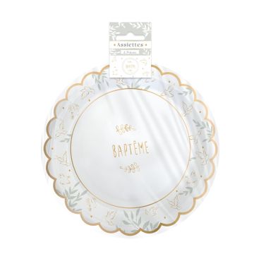 Assiettes baptême avec motifs dorés de colombes et feuillages | jourdefete.com Assiettes baptême avec motifs dorés de colombes et feuillages | jourdefete.com