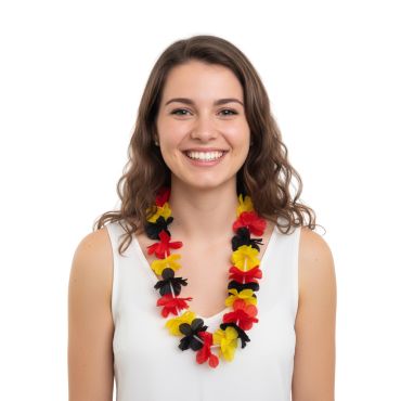 Collier hawaïen aux couleurs de la Belgique porté par une personne souriante | jourdefete.com Collier hawaïen aux couleurs de la Belgique porté par une personne souriante | jourdefete.com