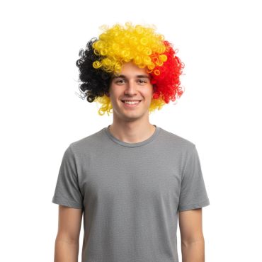 Homme portant une perruque bouclée noir jaune rouge aux couleurs de la Belgique | jourdefete.com Homme portant une perruque bouclée noir jaune rouge aux couleurs de la Belgique | jourdefete.com