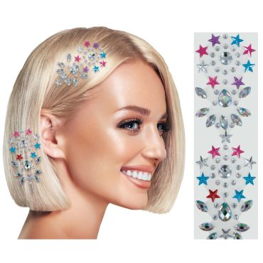 Bijoux adhésifs cheveux multicolores avec étoiles et strass brillants | jourdefete.com