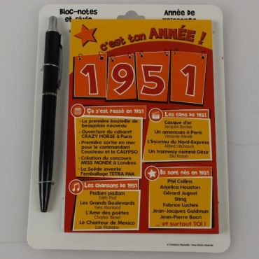 Bloc-notes et Stylo Année de naissance 1951 Bloc-notes et Stylo Année de naissance 1951