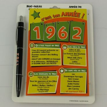 Bloc-notes et Stylo Année de naissance 1962 Bloc-notes et Stylo Année de naissance 1962