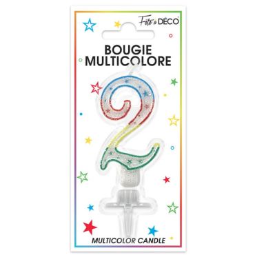 Bougie d'anniversaire multicolore chiffre 2 Bougie d'anniversaire multicolore chiffre 2