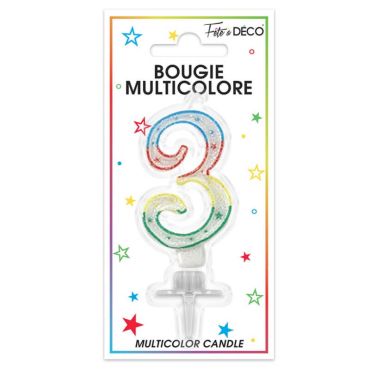Bougie d'anniversaire multicolore chiffre 3 Bougie d'anniversaire multicolore chiffre 3