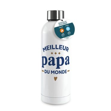 Bouteille isotherme blanche avec l'inscription Meilleur Papa du Monde en bleu et doré pour un cadeau de fête des pères | jourdefete.com Bouteille isotherme blanche avec l'inscription Meilleur Papa du Monde en bleu et doré pour un cadeau de fête des pères | jourdefete.com