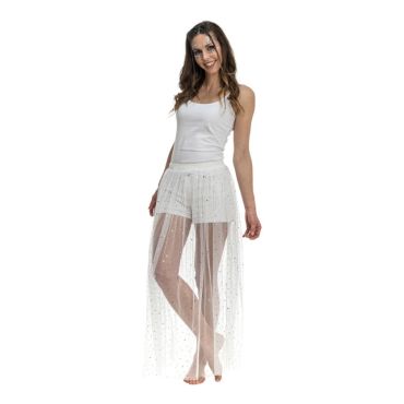 Femme souriante portant la jupe longue transparente blanche à paillettes Summer Festival | jourdefete.com