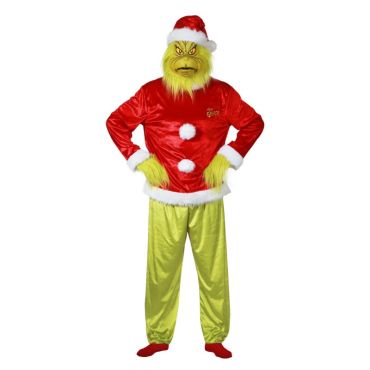 Costume complet du Grinch en tenue de Père Noël avec pantalon vert et veste rouge | jourdefete.com