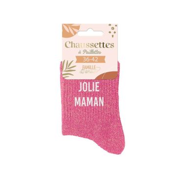Chaussettes pailletées roses "Jolie Maman" en taille 36-42 | jourdefete.com Chaussettes pailletées roses "Jolie Maman" en taille 36-42 | jourdefete.com