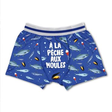 Boxer bleu à motif de poissons et moules avec inscription “À la pêche aux moules” | jourdefete.com Boxer bleu à motif de poissons et moules avec inscription “À la pêche aux moules” | jourdefete.com