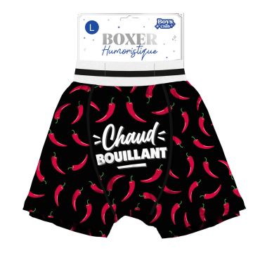 Boxer humoristique "Chaud Bouillant" avec motif piments rouges | jourdefete.com Boxer humoristique "Chaud Bouillant" avec motif piments rouges | jourdefete.com