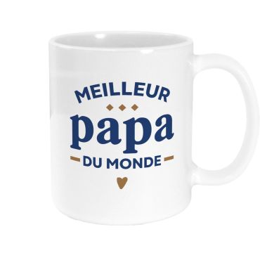 Mug en céramique blanc avec texte bleu et cœurs dorés proposant le message meilleur papa du monde pour la fête des pères | jourdefete.com