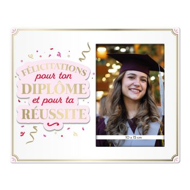 Cadre photo diplôme blanc et rose avec l'inscription dorée félicitations pour ton diplôme et pour ta réussite | jourdefete.com