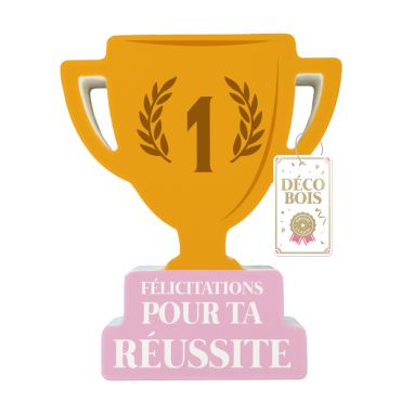 Trophée décoratif en bois avec coupe dorée numéro 1 et inscription Félicitations pour ta réussite, socle rose pour fêter l'obtention d'un diplôme | jourdefete.com
