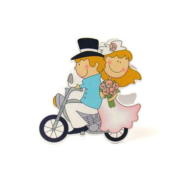 Porte Nom Couple de mariés à moto en bois peint Porte Nom Couple de mariés à moto en bois peint