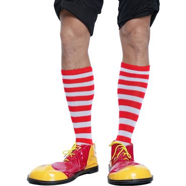 Jambes portant des chaussettes montantes de clown à rayures horizontales rouges et blanches | jourdefete.com Jambes portant des chaussettes montantes de clown à rayures horizontales rouges et blanches | jourdefete.com