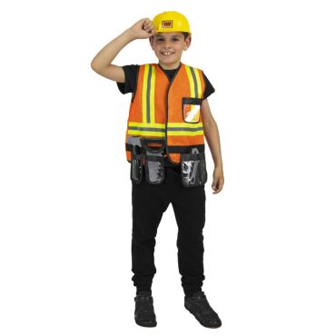 Enfant portant un costume de petit chef de chantier avec gilet orange, casque jaune et accessoires | jourdefete.com Enfant portant un costume de petit chef de chantier avec gilet orange, casque jaune et accessoires | jourdefete.com