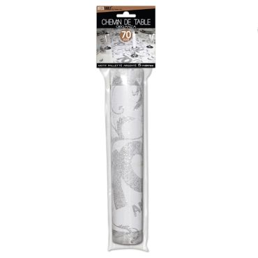 Chemin de table Anniversaire blanc motifs paillettes Argent – 70 ans | jourdefete.com Chemin de table Anniversaire blanc motifs paillettes Argent – 70 ans | jourdefete.com