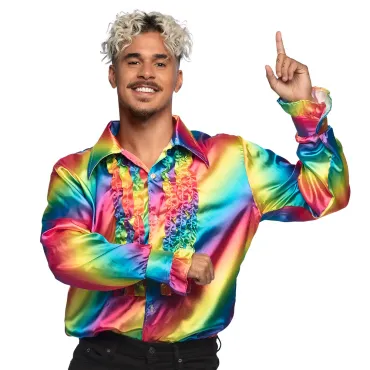 Déguisement chemise disco arc-en-ciel homme avec volants colorés | jourdefete.com
