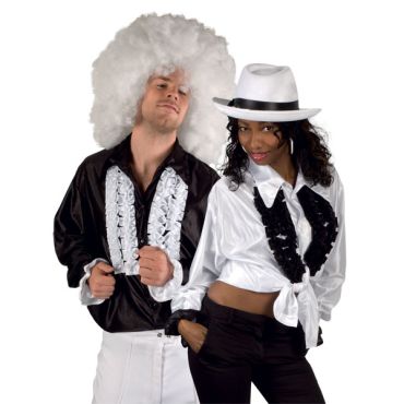 Chemise Disco Blanche en Satin à Froufrous Chemise Disco Blanche en Satin à Froufrous