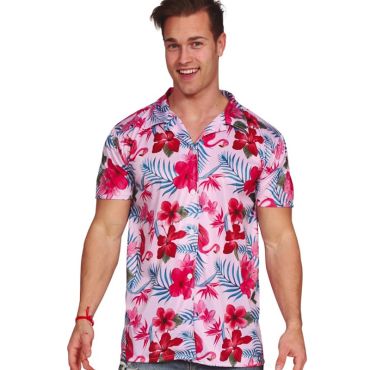 Homme en chemise hawaïenne rose à imprimé flamant rose et fleurs tropicales | jourdefete.com Homme en chemise hawaïenne rose à imprimé flamant rose et fleurs tropicales | jourdefete.com