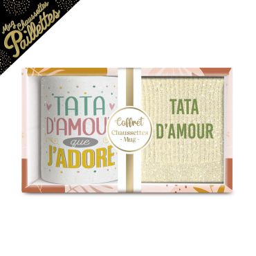 Coffret Mug et Chaussettes à paillettes "Tata d'Amour" pour femme - Collection Famille d'Amour Coffret Mug et Chaussettes à paillettes "Tata d'Amour" pour femme - Collection Famille d'Amour