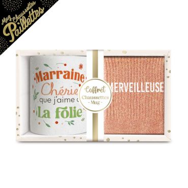 Coffret cadeau mug et chaussettes pailletées pour marraine | jourdefete.com
