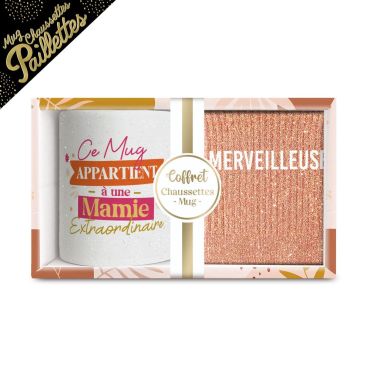 Coffret cadeau mug et chaussettes pailletées Mamie Merveilleuse | jourdefete.com Coffret cadeau mug et chaussettes pailletées Mamie Merveilleuse | jourdefete.com