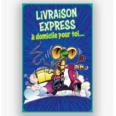 Carte d'anniversaire ze souris " livraison express à domicile pour toi... " couleur bleue brillante Carte d'anniversaire ze souris " livraison express à domicile pour toi... " couleur bleue brillante