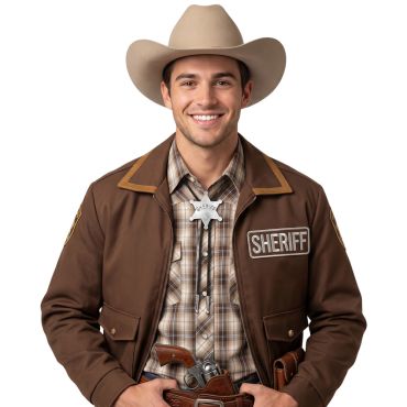 Homme souriant avec chapeau de cow-boy marron clair et collier en forme d'étoile d'argent | jourdefete.com Homme souriant avec chapeau de cow-boy marron clair et collier en forme d'étoile d'argent | jourdefete.com