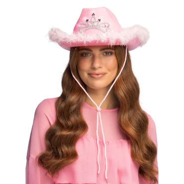 Femme portant un chapeau de cowgirl rose avec diadème lumineux LED et bordure en boa de plumes | jourdefete.com