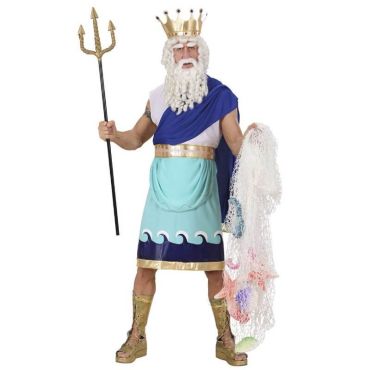 Déguisement adulte roi des mers Poséidon avec couronne, trident, toge bleue et accessoires marins.